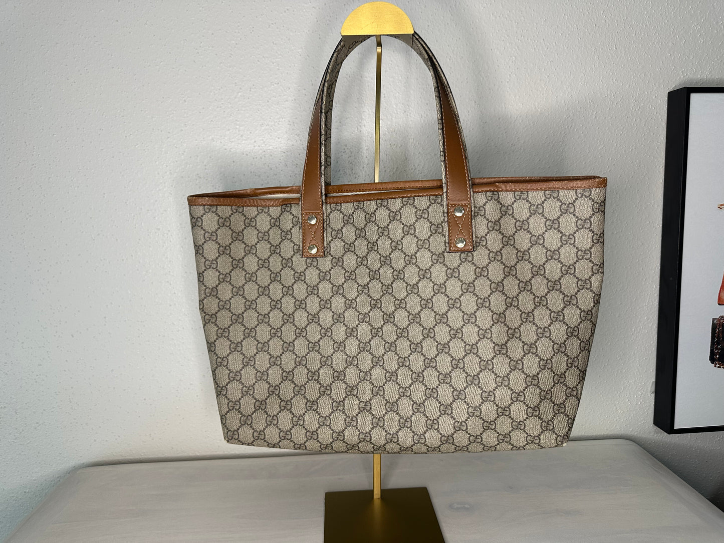 Gucci Sherry Tote Bag Beige Brown GG Supreme Leather